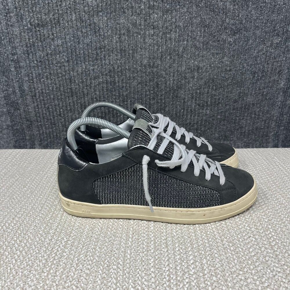 P448 John Leather Low Top Casual Sneakers Shoes Black Silver Women’s 39 / US 8.5